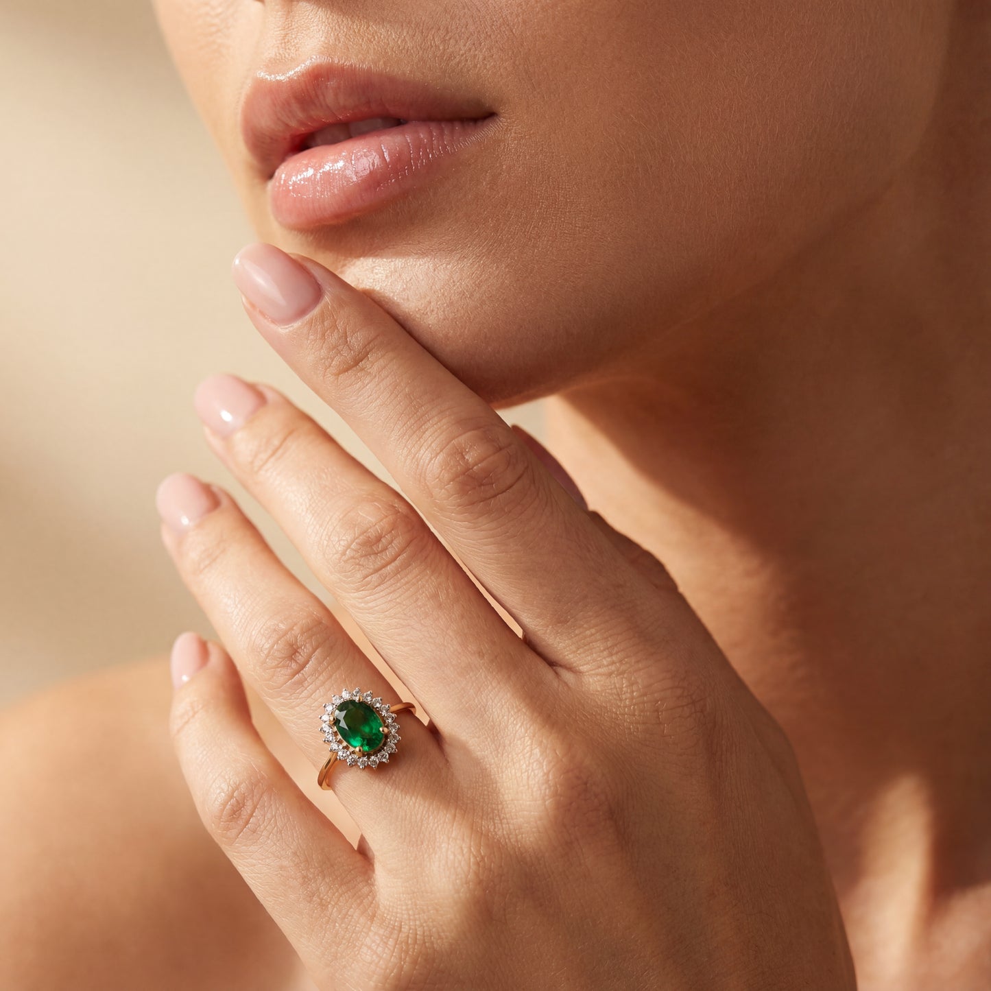 Green Semi - Precious Stone Natural Diamond Ring