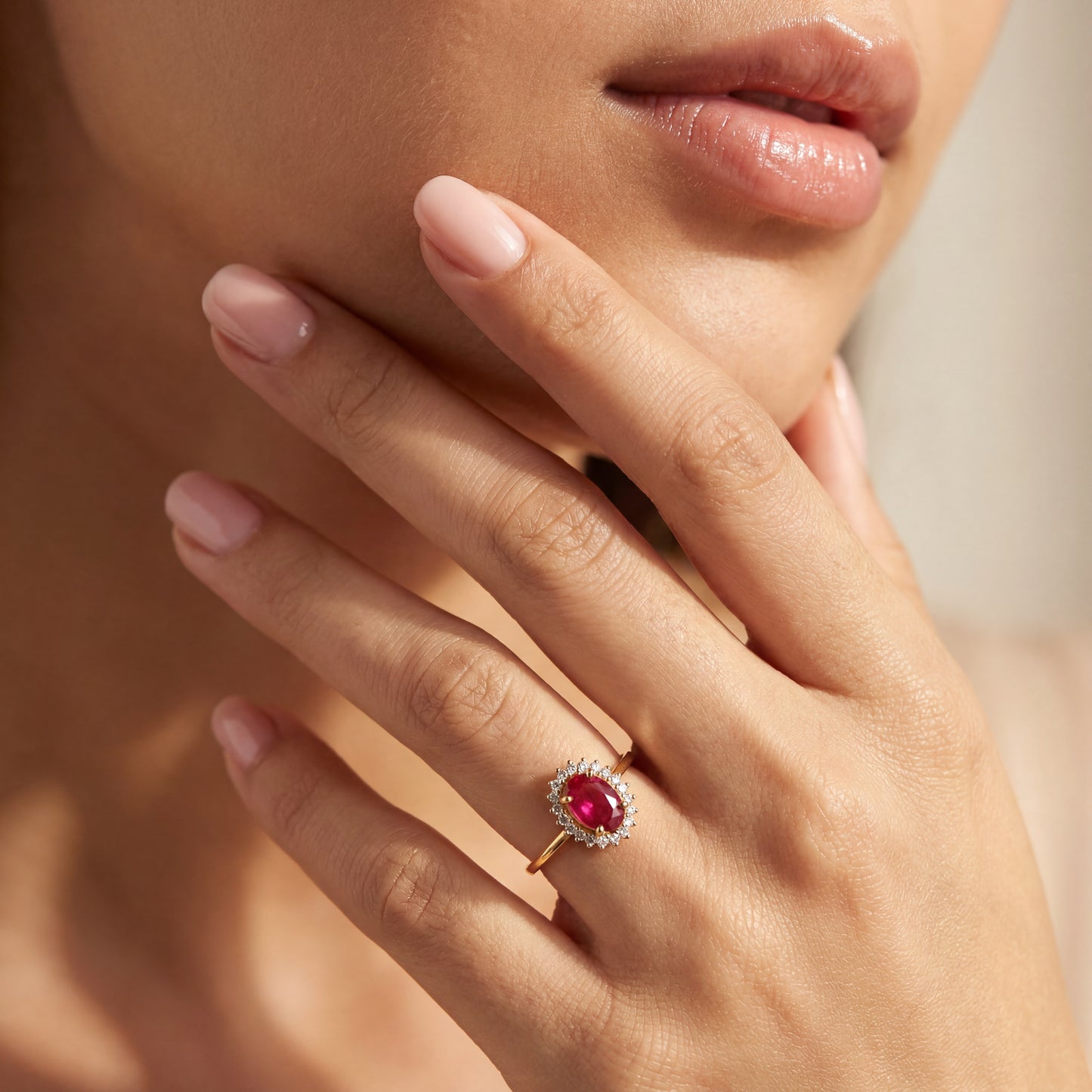 Red Semi - Precious Stone Natural Diamond Ring