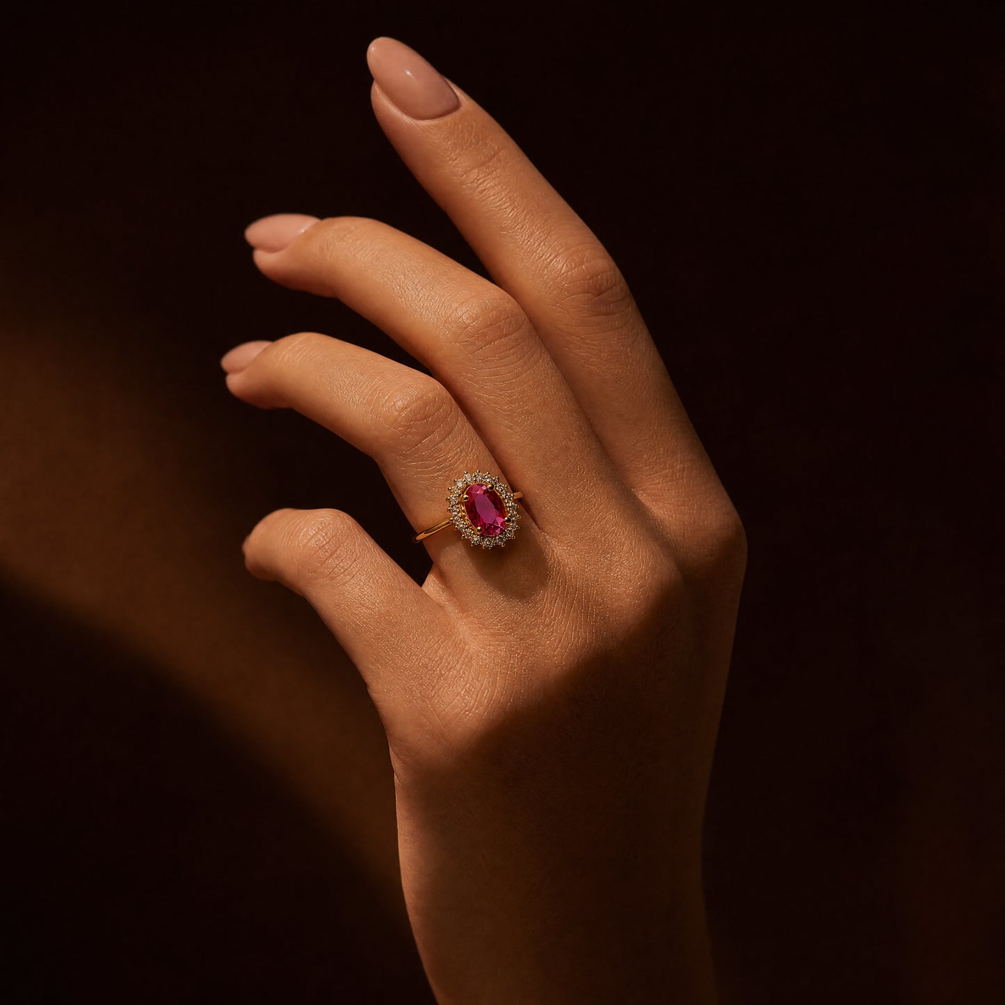 Red Semi - Precious Stone Natural Diamond Ring