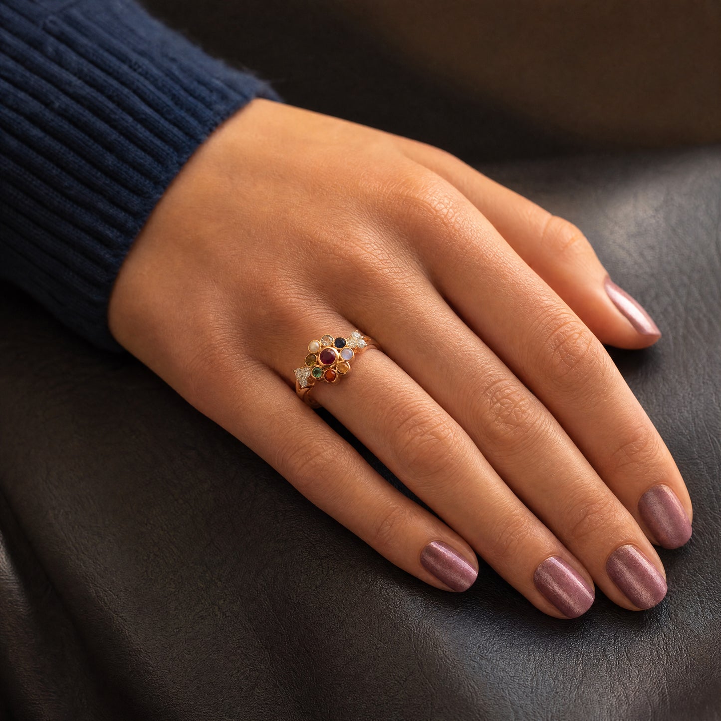Navaratna Flower Natural Diamond Ring