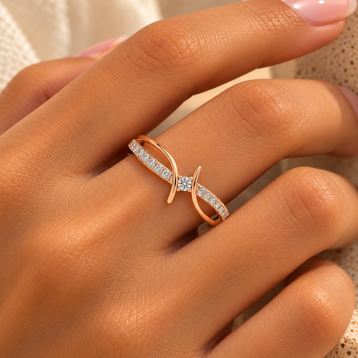 Diamond Crossover Wave Ring