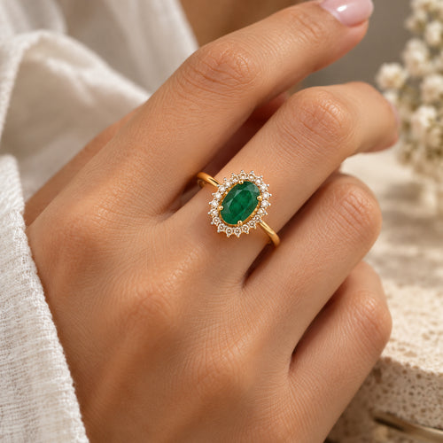 Load image 1 in gallery view. Oval Emerald Halo Ring