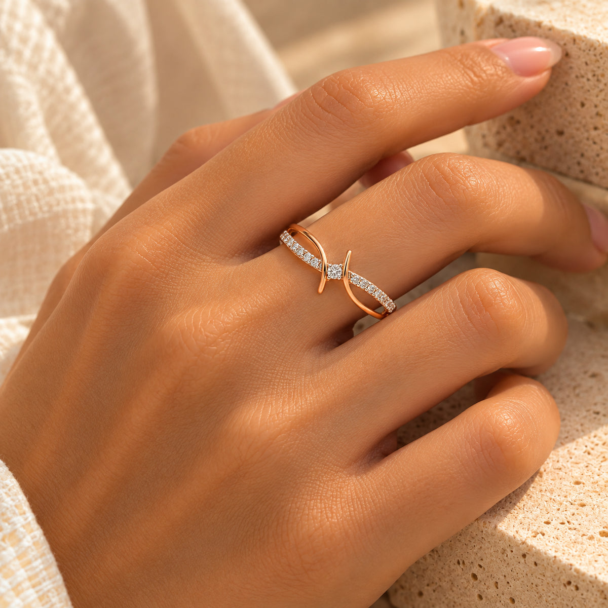Diamond Crossover Wave Ring