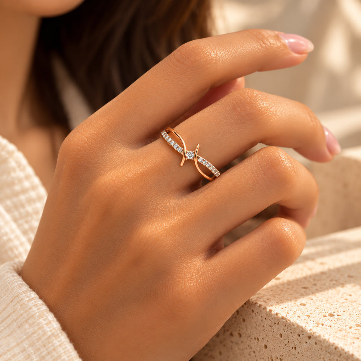 Diamond Crossover Wave Ring